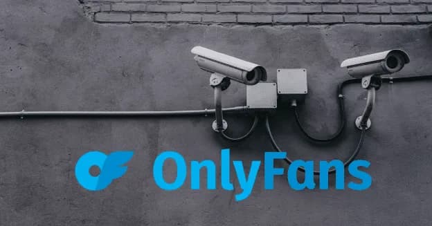Graphic showing dual wall-mounted CCTV cameras with the OnlyFans branding, symbolizing creator security and protection, designed by The Bunny Agency