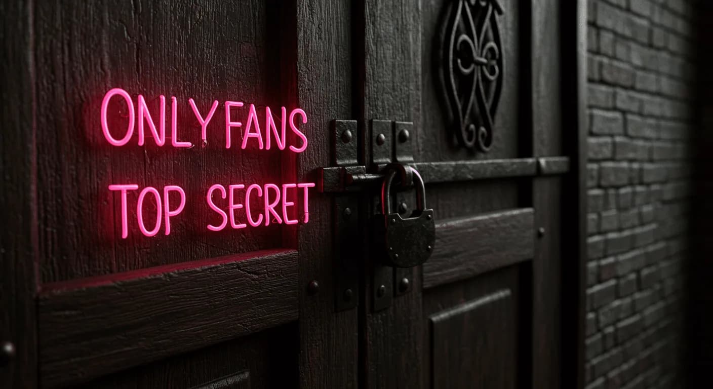 Behind closed door with ‘OnlyFans Top Secret’ neon sign, representing exclusive OnlyFans agency services by The Bunny Agency